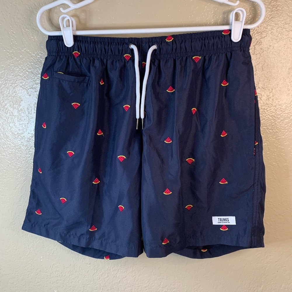 Trunks Surf & Swim Co. Navy Blue Embroidered Watermelon Swim Trunks Size M